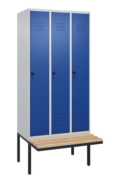C+P Umkleidespind Classic PLUS, 3 Abteile, 2120x900x815mm, 7035/5010, Drehriegel, Buche-Sitzleisten, je 2 Doppel-Haken, 0800407-30F S10003
