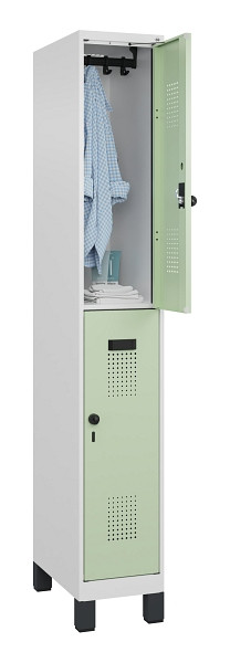 C+P Doppelstöckiger Spind Evolo PLUS, mit Füßen, 2 Fächer, 1950x300x500mm, 9016, Frontfarbe RAL 6019 Weissgrün, Drehriegel, 049310-10 S10019