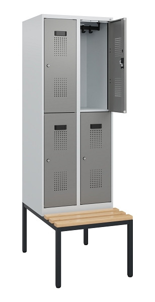 C+P Doppelstöckiger Spind Evolo PLUS, Bank, 4 Fächer, 1950x600x815mm, 7035/0004, Zylinderschloss, Sitzfläche Buche-Hartholz, Sitzbank, 0493505-20 S10041