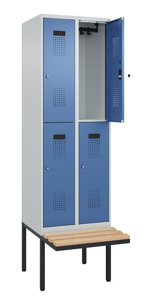 C+P Doppelstock-Spind Evolo PLUS, Bank, 4 Fächer, 2120x600x815mm, 7035/5023, Zylinderschloss, Sitzfläche Buche-Hartholz, 0493407-20 S10035