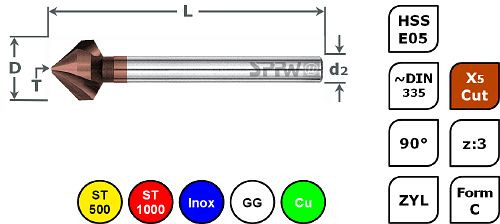 SPPW Kegelsenker HSS-E05+X5.Cut 90° z:3 Form C Lang L: 108 Ø12,4, 1543041240