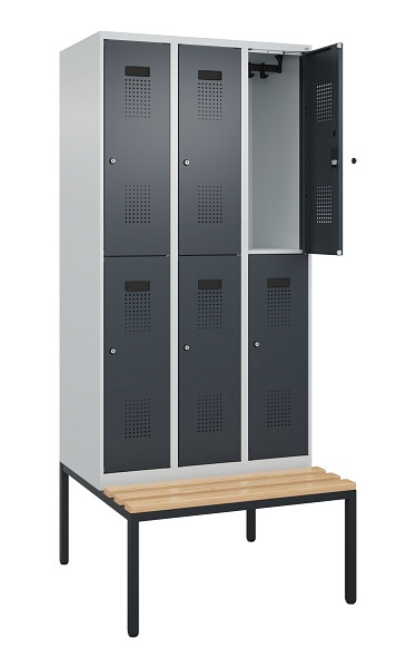 C+P Doppelstock-Spind Evolo PLUS, Bank, 6 Fächer, 2120x900x815mm, 7035/7016, Zylinderschloss, Sitzfläche Buche-Hartholz, Sitzbank, 0493507-30 S10039