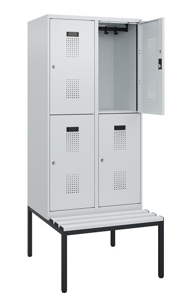 C+P Doppelstöckiger Spind Evolo PLUS, Bank, 4 Fächer, 1950x800x815mm, 7035/7035, Zylinderschloss, Sitzfläche Kunststoff, Sitzbank, 0493505-22 S10148