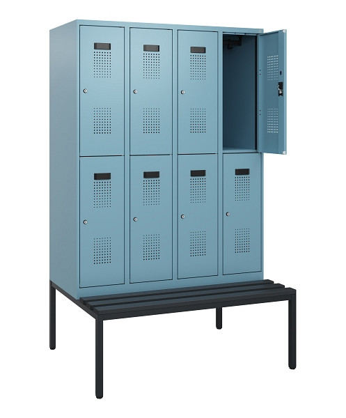C+P Doppelstöckiger Spind Evolo PLUS, Bank, 8 Fächer, 1950x1200x815mm, 0010/0010, Zylinderschloss, Sitzfläche Kunststoff, Sitzbank, 0493505-40 S10156