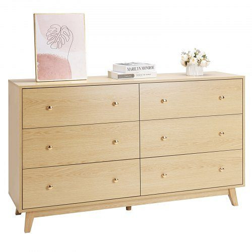 VEVOR Kommode mit 6 Schubladen & Kippschutz, moderner Schubladenschrank 39,9x137,2x81,3cm (helles Holz) für Wohn-/Schlafzimmer, XDJYKCTJ2L6CDV7IS001V0