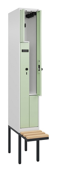 C+P Z-Spind Evolo PLUS, Bank, 2 Fächer, 2120x300x815mm, 9016/6019, Drehriegel, Sitzfläche Holz, 0490437-102 S10018