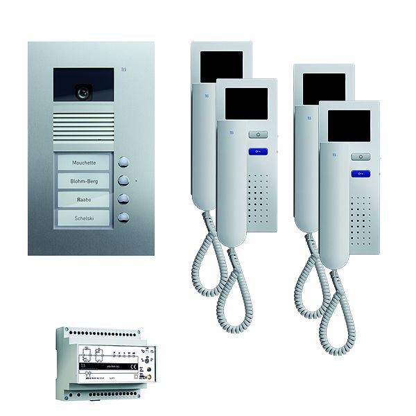 TCS Türkontrollsystem video:pack UP für 4 Wohneinheiten, mit Außenstation AVU 4 Klingeltasten, 4x Video Türtelefon IVH3222, Steuerung, PVU1640-0010
