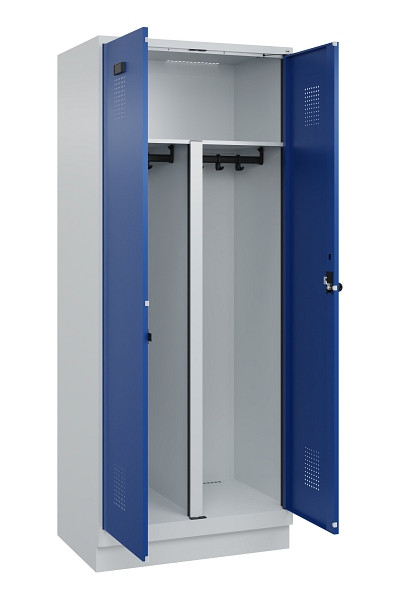 C+P PSA Schwarz-Weiß-Spind Evolo PLUS, mit Sockel, 2 Abteile, 1950x800x500mm, 70, Frontfarbe RAL 5010 Enzianblau, Drehriegel, 049022-22P S10006