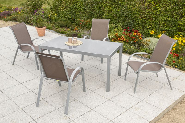 Merxx Amalfi Set 5-teilig, 4 Amalfi Stapelsessel, 1 Tisch 150 x 90 cm, graue Glasplatte, silber/taupe, Aluminiumgestell mit Textilbespannung, 50342-325