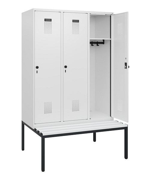 C+P Spind Evolo PLUS, 3 Abteile, 1950x1200x815mm, 9016/9016, Drehriegel, Sitzfläche Kunststoff, Sitzbank, 0490505-32 S10074