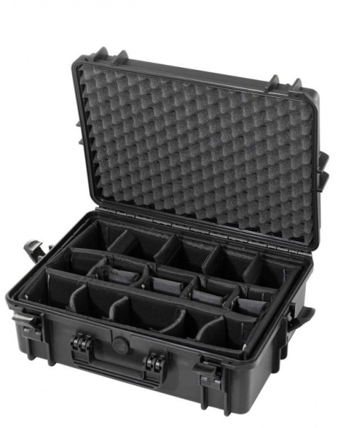 MAX wasser- und staubdichter Fotokoffer in schwarz, mit eingesetzter Fototasche und Noppenschaum im Deckel und Trollyfunktion, MAX505CAMTR