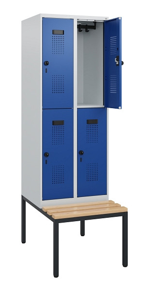 C+P Doppelstöckiger Spind Evolo PLUS, Bank, 4 Fächer, 1950x600x815mm, 7035/5010, Drehriegel, Sitzfläche Buche-Hartholz, Sitzbank, 0493505-20 S10006