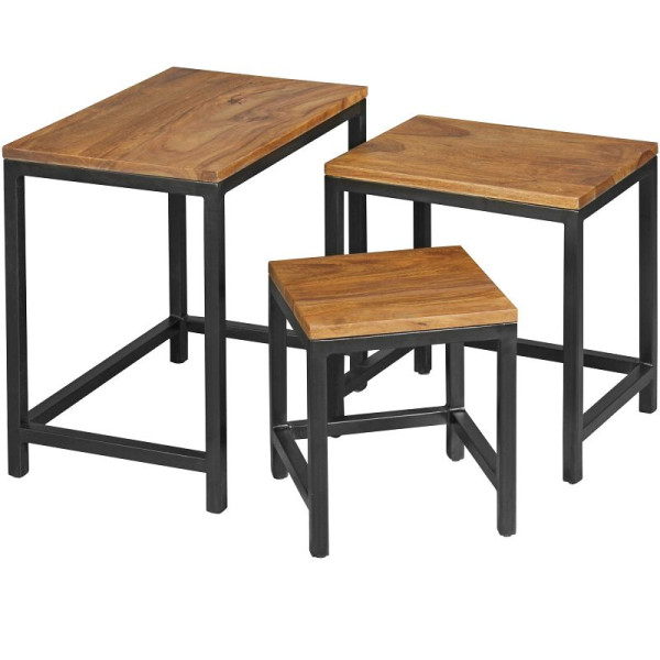 Wohnling 3er Set Design Beistelltisch AKOLA Sheesham, Metallbeine, 3 teilig Materialmix, aus Massivholz, WL5.212