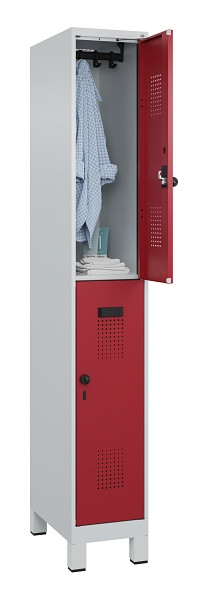 C+P Doppelstöckiger Spind Evolo PLUS, mit Füßen, 2 Fächer, 1950x300x500mm, 7035, Frontfarbe RAL 3003 Rubinrot, Drehriegel, 049310-10 S10004
