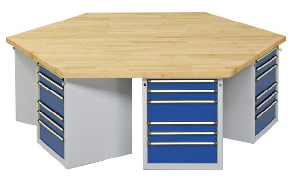 ANKE Werkbänke 6-Eck-Gruppenwerkbank; 6 Arbeitsplätze; 2340x2700x900 mm; RAL 7035/5010; Buche-Massiv-Platte 50 mm; Kantenlänge 1350 mm, 440.512