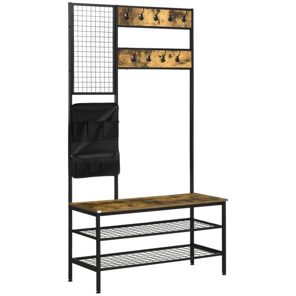 HOMCOM Garderobenständer, Kleiderständer mit Haken, Schuhregal, Stahl Braun, 837-219
