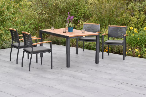 Merxx Tinos Set 9-teilig, 4 Tinos Stapelsessel, 4 Kissen, grau, mit Befestigungsbändchen, 1 Ausziehtisch 150 (200) x 90 cm, 50813-800