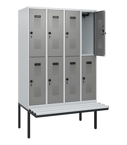 C+P Doppelstock-Spind Evolo PLUS, Bank, 8 Fächer, 1950x1200x815mm, 7035/0004, Drehriegel, Sitzfläche Kunststoff, 0493405-40 S10108