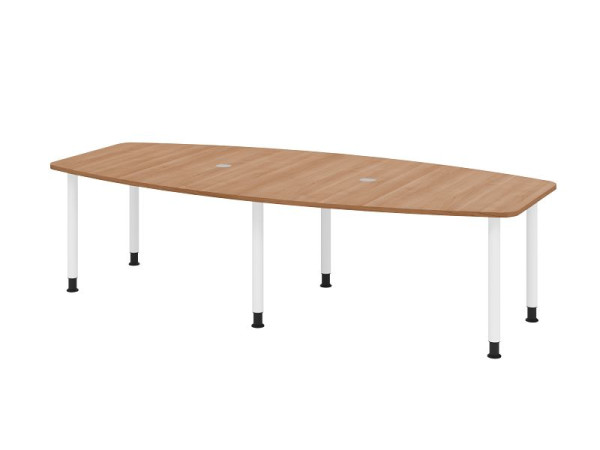 Hammerbacher Konferenztisch KT28C, 280 x 130 cm, Platte: Nussbaum, 25mm dick, Sechs-Fuß-Gestell Weiß, Rundrohr 6 cm, Arbeitshöhe 72-74 cm, VKT28C/N/W