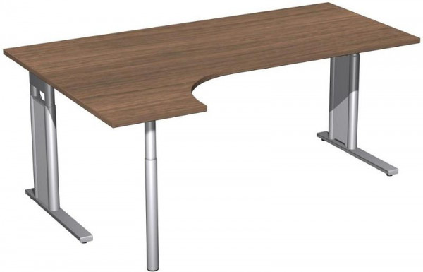 geramöbel PC-Schreibtisch links höhenverstellbar, C Fuß Blende optional, 1800x1200x680-820, Nussbaum/Silber, N-647324-NS