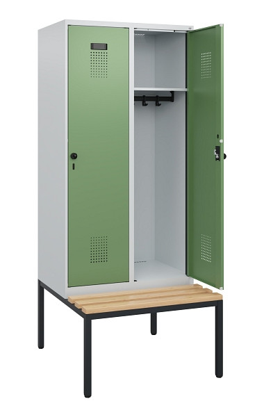 C+P Spind Evolo PLUS, 2 Abteile, 1950x800x815mm, 7035/6011, Drehriegel, Sitzfläche Buche-Hartholz, Sitzbank, 0490505-22 S10010