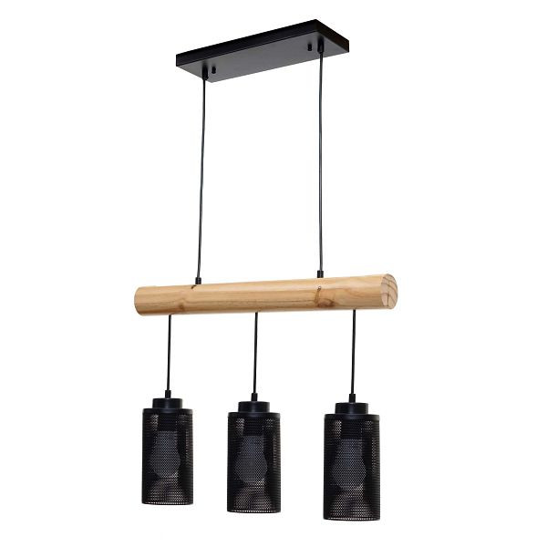 Mendler Pendelleuchte HWC-H83, Hängelampe Hängeleuchte, Industrial Vintage Massiv-Holz Metall schwarz, 3 Rohrlampenschirme, 74210