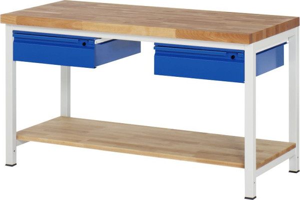 RAU Werkbank 8002I7, B1500xT700xH840-1040mm, Ablageboden Buche, 2xSchublade-TA, 03-8002I7-157R4H.11