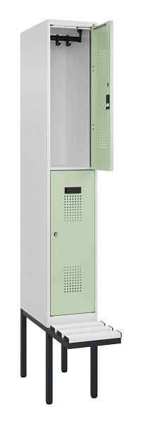 C+P Doppelstock-Spind Evolo PLUS, Bank, 2 Fächer, 2120x300x815mm, 9016/6019, Zylinderschloss, Sitzfläche Kunststoff, 0493407-10 S10133
