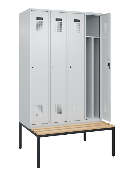 C+P Spind Evolo PLUS, 4 Abteile, 2120x1200x815mm, 7035/7035, Haken 4, Zylinderschloss, Sitzfläche Buche-Hartholz, Sitzbank, 0490507-40F S10040