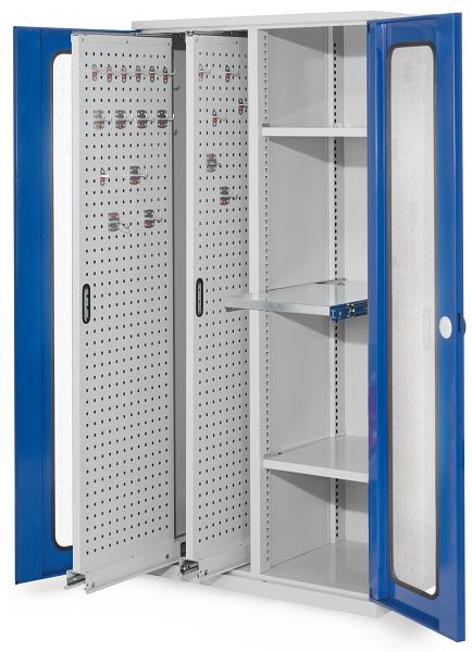 Kappes RasterPlan Vertikalschrank Modell 84, 1950 x 1000 x 600 mm, RAL 7035/5010, Sichtfenstertür, 2 Auszüge Lochplatten, 1465.04.5016