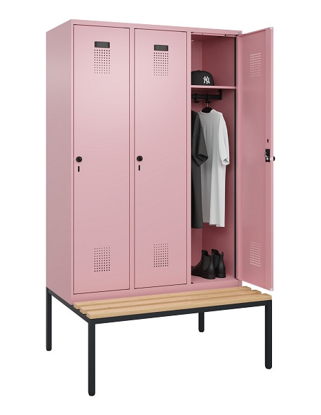 C+P Spind Evolo PLUS, 3 Abteile, 2120x1200x815mm, 3015/3015, Haken 4, Drehriegel, Sitzfläche Buche-Hartholz, Sitzbank, 0490507-32 S10024