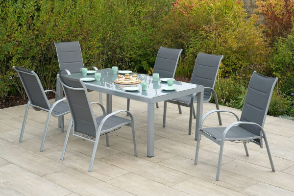 Merxx Amalfi Set 7-teilig, 4 Amalfi Stapelsessel mit hoher Rückenlehne, 2 Amalfi Stapelsessel, 1 Tisch, 190 x 100 cm, Silber/grau, 50713-309