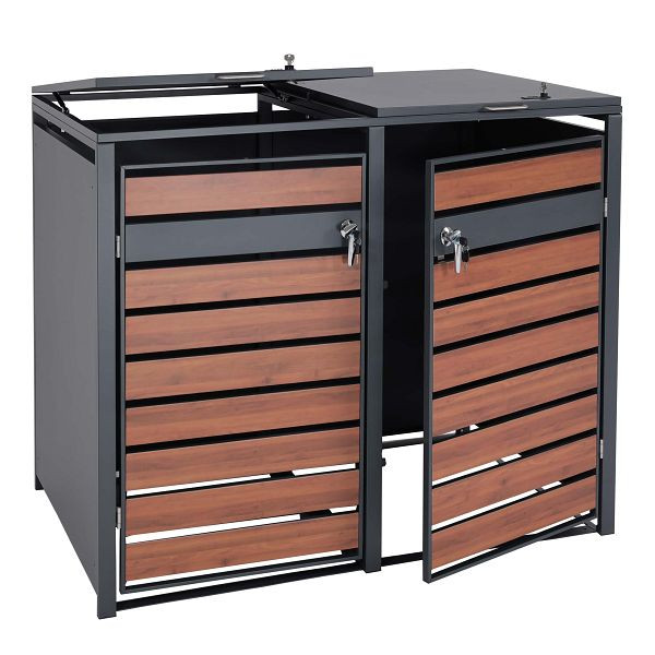 Mendler 2er Mülltonnenverkleidung HWC-J81, Mülltonnenbox, erweiterbar, Metall 50kg, anthrazit, Kirsche-Holzoptik dunkelbraun, 83363+83364