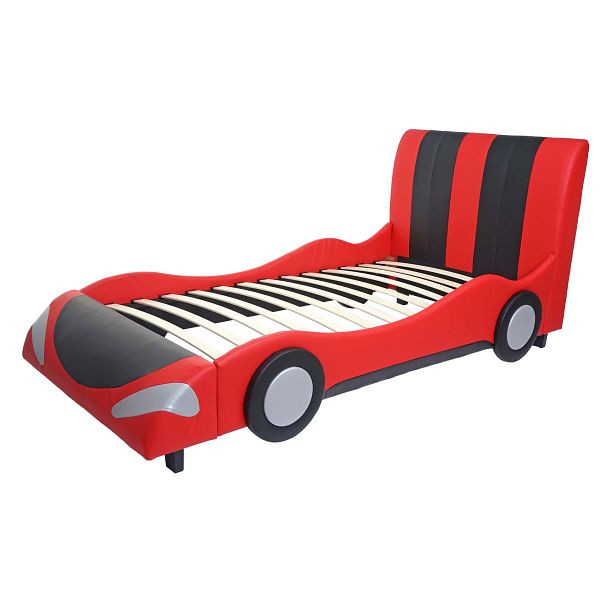 Mendler Bett HWC-E14, Auto Junge Kinderbett Jugendbett, Lattenrost Kunstleder Holz 190x100cm, schwarz-rot, 65052+65053+65054