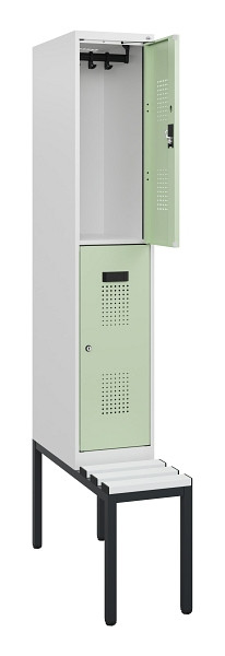 C+P Doppelstöckiger Spind Evolo PLUS, Bank, 2 Fächer, 1950x300x815mm, 9016/6019, Zylinderschloss, Sitzfläche Kunststoff, Sitzbank, 0493505-10 S10154