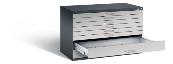 C+P Flachablageschrank Serie 7100_7200, H760xB1100xT765mm, Farbe: Schwarzgrau / Weißaluminium, Bügelgriff, 7101-200 S10163