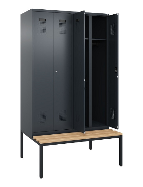 C+P Schwarz-Weiß-Spind Evolo PLUS, Bank, 4 Abteile, 2120x1200x815mm, 7016/7016, Zylinderschloss, Sitzfläche Buche-Hartholz, Sitzbank, 0490527-40 S10043