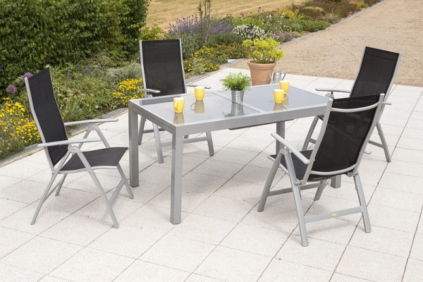 Merxx Carrara Set 5-teilig, 4 Klappsessel, Rückenlehne 5-fach verstellbar, 1 Ausziehtisch 160 (220) x 90 cm, graue Glasplatte, silber/schwarz, 50311-219