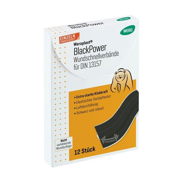 WERO Weroplast BlackPower Wundschnellverbände DIN 13157 - 2021, 12 Stück, 160736