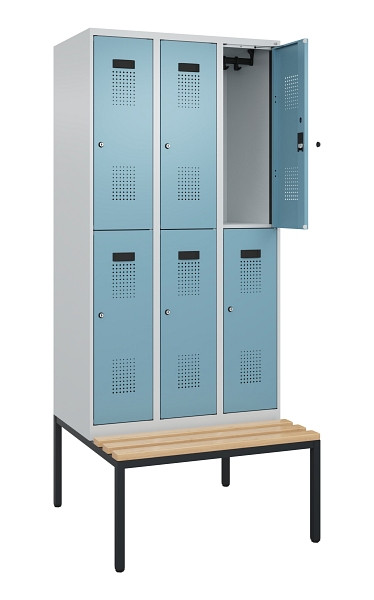 C+P Doppelstock-Spind Evolo PLUS, Bank, 6 Fächer, 2120x900x815mm, 7035/0010, Zylinderschloss, Sitzfläche Buche-Hartholz, Sitzbank, 0493507-30 S10036