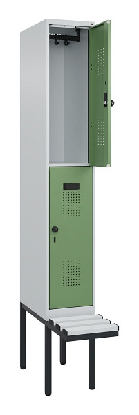 C+P Doppelstock-Spind Evolo PLUS, Bank, 2 Fächer, 2120x300x815mm, 7035/6011, Drehriegel, Sitzfläche Kunststoff, 0493407-10 S10091
