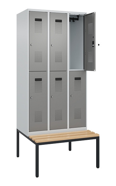 C+P Doppelstock-Spind Evolo PLUS, Bank, 6 Fächer, 2120x900x815mm, 7035/0004, Zylinderschloss, Sitzfläche Buche-Hartholz, Sitzbank, 0493507-30 S10041