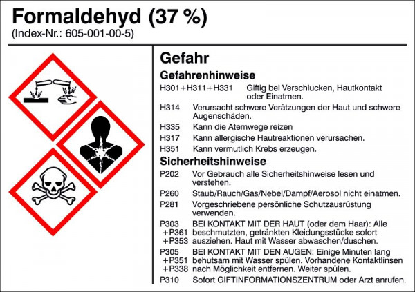 SafetyMarking Gefahrstoffetikett, G010: Formaldehyd (37%), für Behälter bis 3 Liter, 10,5x7,4 cm, Folie, selbstklebend, 21.B1200-G010