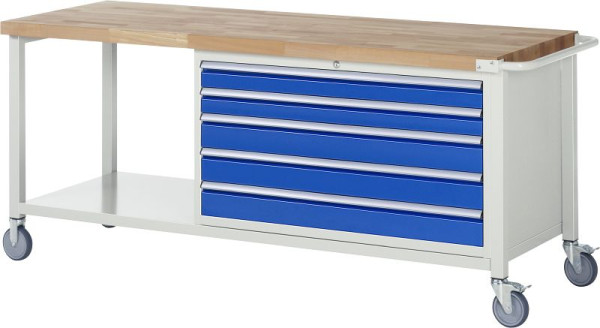 RAU Fahrbare Werkbank 8000 - Modell 8371, B2000 x T700 x H880-1080 mm, Unterbau-Container rechts, 5x Schubladen: 2xH90, 3xH120 mm, 05-8371A6-207B4H.11