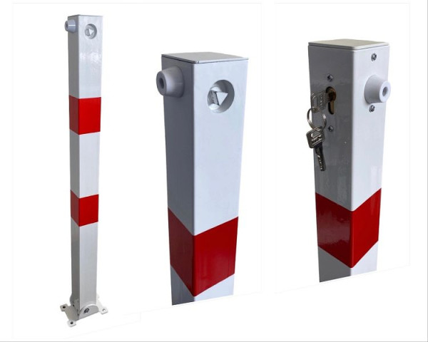 GEWA Absperrpfosten Poller Parkplatzsperre Stahl Klappbar 90 Grad Zylinderschloss Feuerverzinkt 70x70 mm Weiß Rot Reflektierend, AP7070-U-A-P-Z