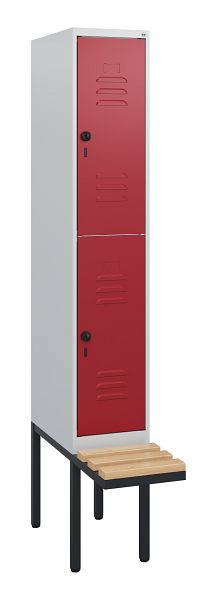 C+P Doppelstöckiger Spind Classic PLUS, 1950x300x815mm, 7035/3003, Drehriegel, Sitzleisten aus Buche, schwebende Sitzfläche, 0803405-10 S10001