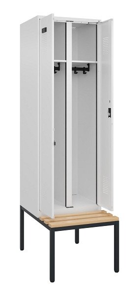 C+P Schwarz-Weiß-Spind Evolo PLUS, Bank, 2 Abteile, 2120x600x815mm, 9016/9016, Zylinderschloss, Sitzfläche Buche-Hartholz, Sitzbank, 0490527-20 S10047