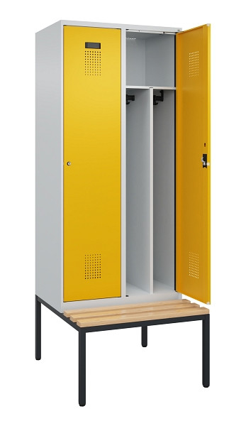 C+P Spind Evolo PLUS, 2 Abteile, 2120x800x815mm, 7035/1004, Haken 4, Zylinderschloss, Sitzfläche Buche-Hartholz, Sitzbank, Trennwand, 0490507-22F S10027