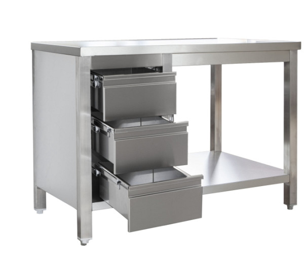 A&S Gastro Edelstahl Arbeitstisch mit Schubladenblock links verschweißt, Tiefe 800mm, mit Grundboden, AISI 304, 2900 x 800 x 850 mm, ARTGSL298