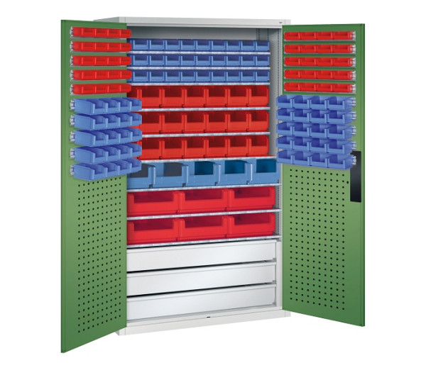 C+P Magazinschrank Serie 13, H1950xB1100xT535mm, 7035/6011, 142 Sichtlagerkästen, 130276-64 S10075